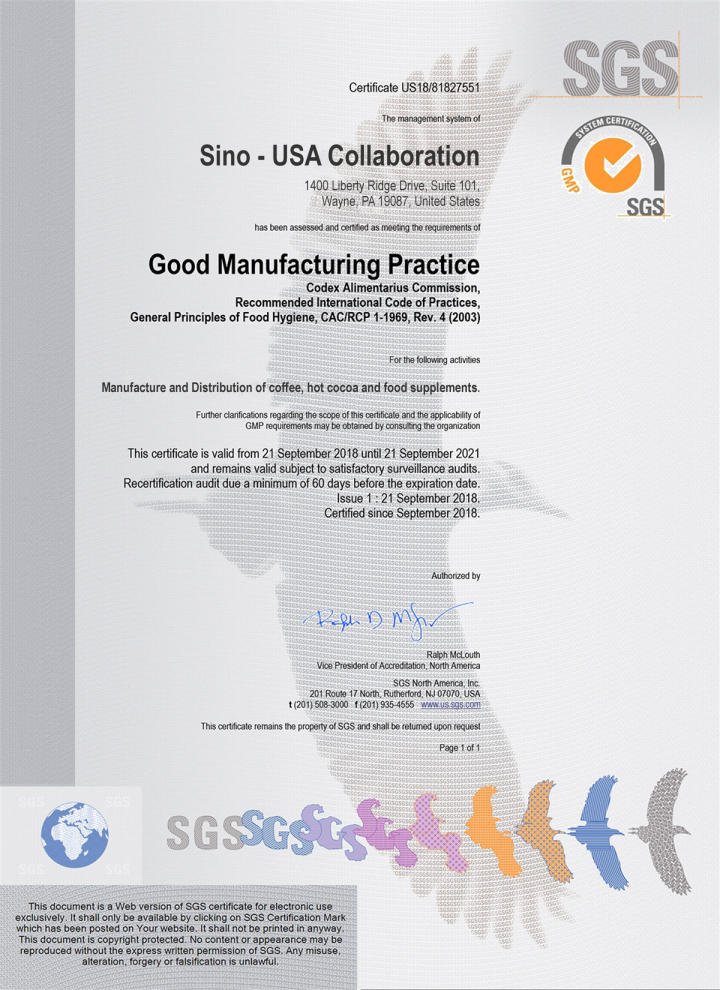 Good Manufacturing Practice (GMP) Certificate of Sino – USA Collaboration Technology